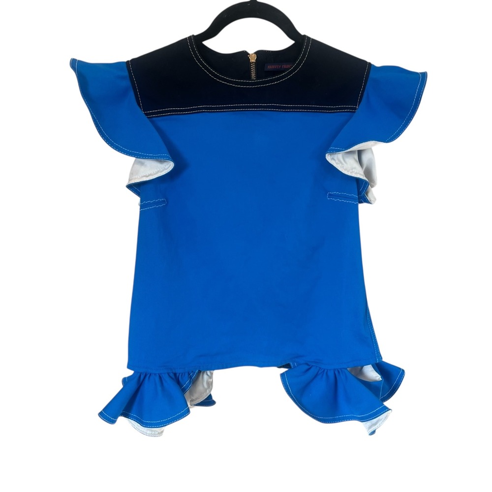 Harvey Faircloth‎ Whimsical Blue Ruffled Top Flutter Sleeves Cotton Size Small